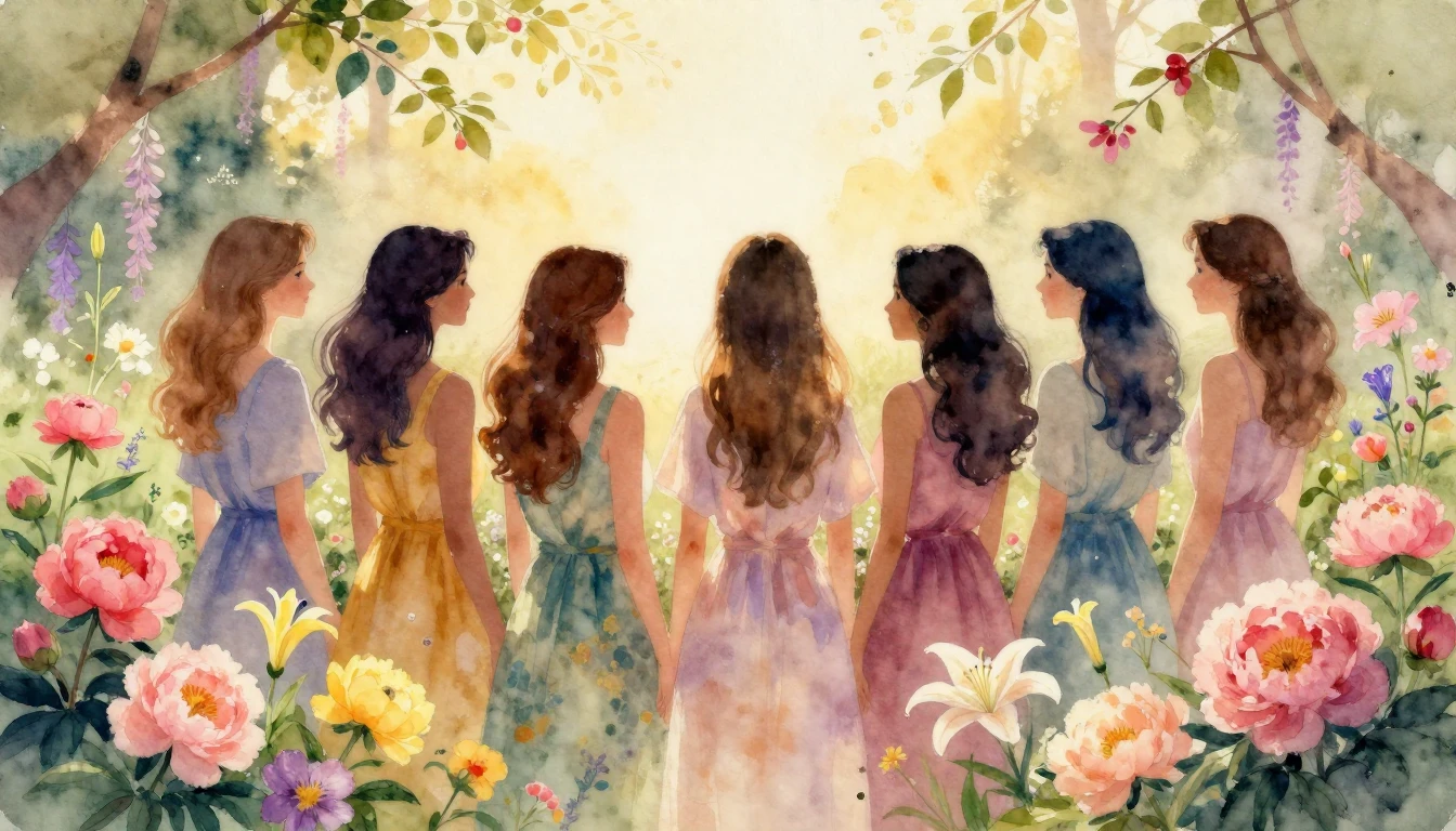 A soft and vibrant watercolor painting depicting a diverse g...