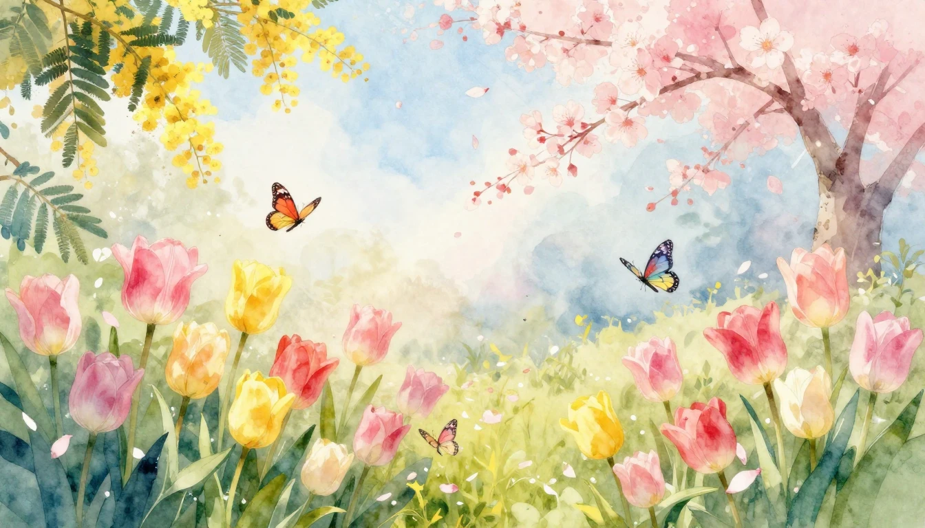 A breathtaking watercolor illustration of a vibrant spring g...