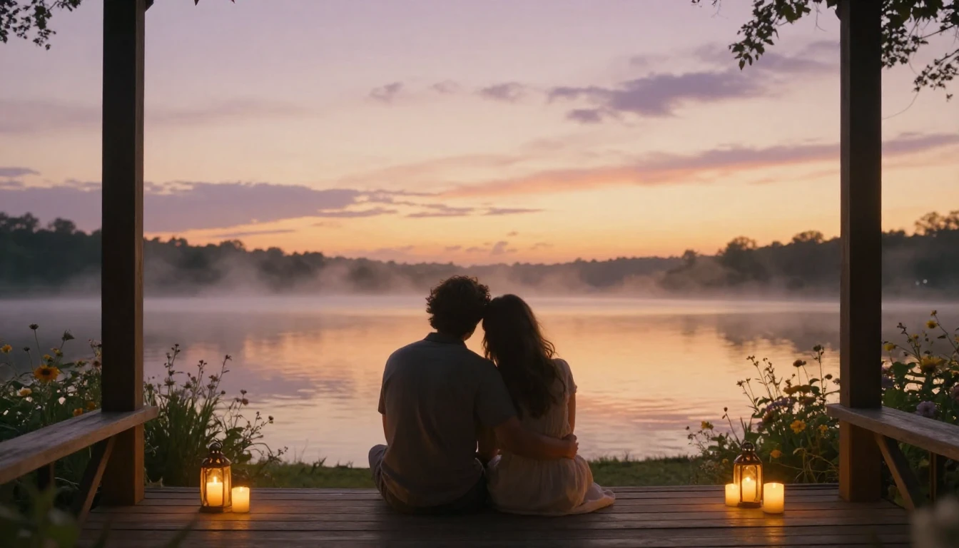 A romantic and cozy scene of two people sitting together on ...