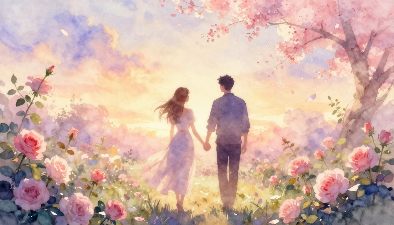 A dreamy and romantic watercolor painting of two silhouettes...