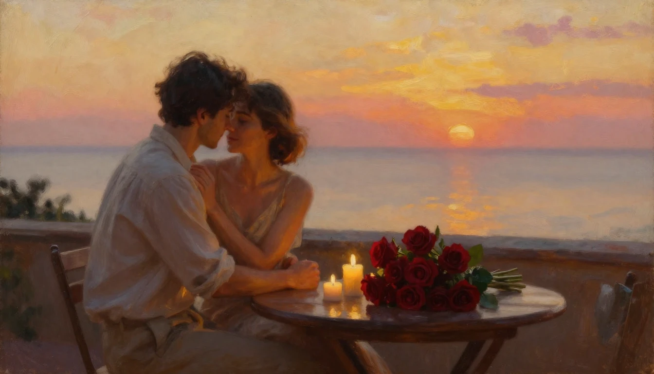 An intimate and romantic oil painting of a couple sitting cl...