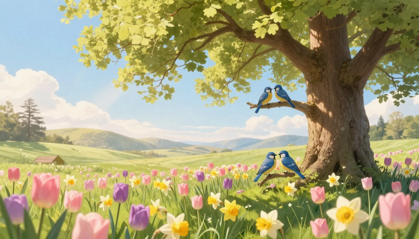 A vibrant and soft spring landscape featuring a lush meadow ...