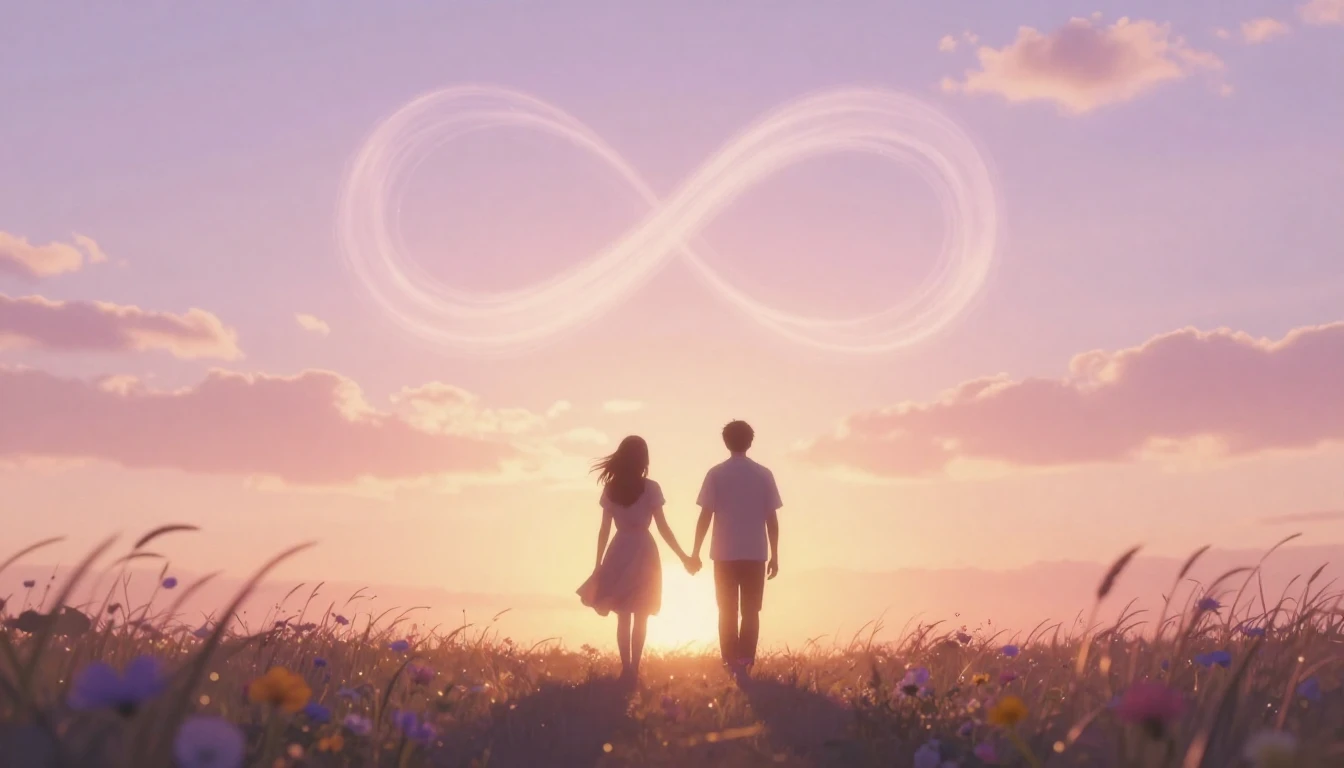 An ethereal and dreamy scene depicting two silhouetted figur...