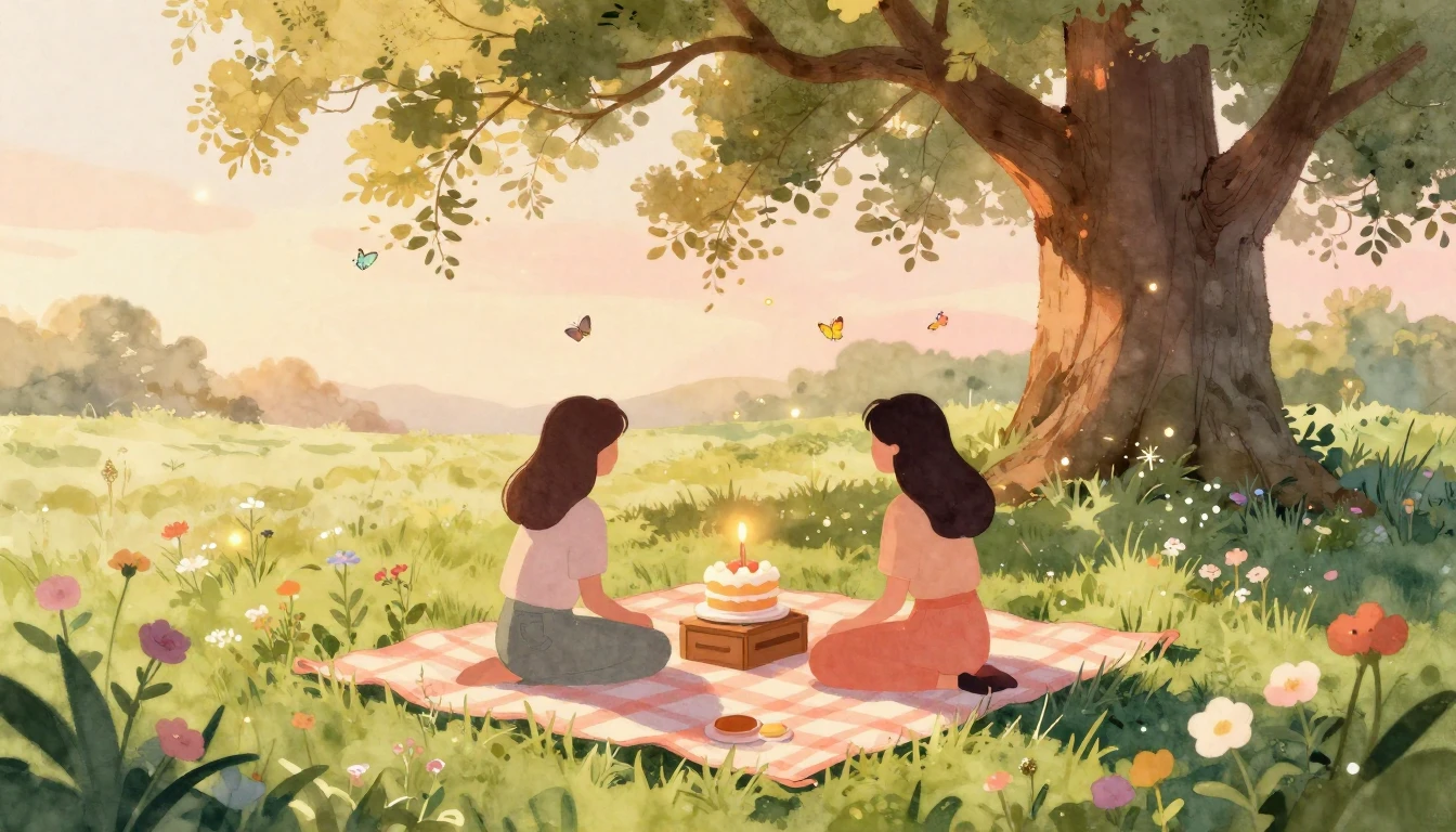 A cozy and warm outdoor birthday picnic scene during the gol...