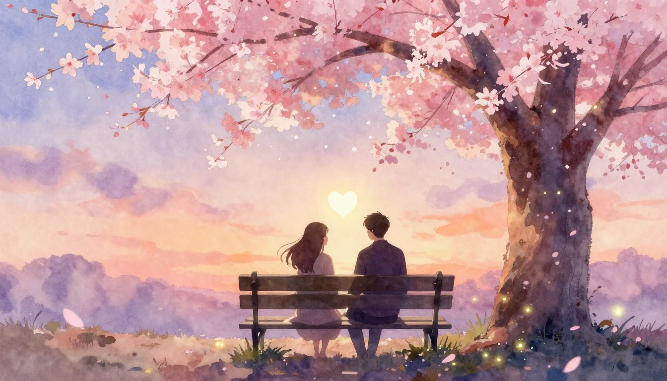 A soft, romantic watercolor painting depicting a dreamy scen...