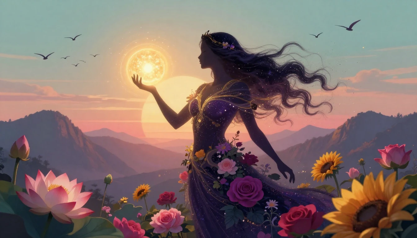 A breathtaking, symbolic illustration of a majestic female f...