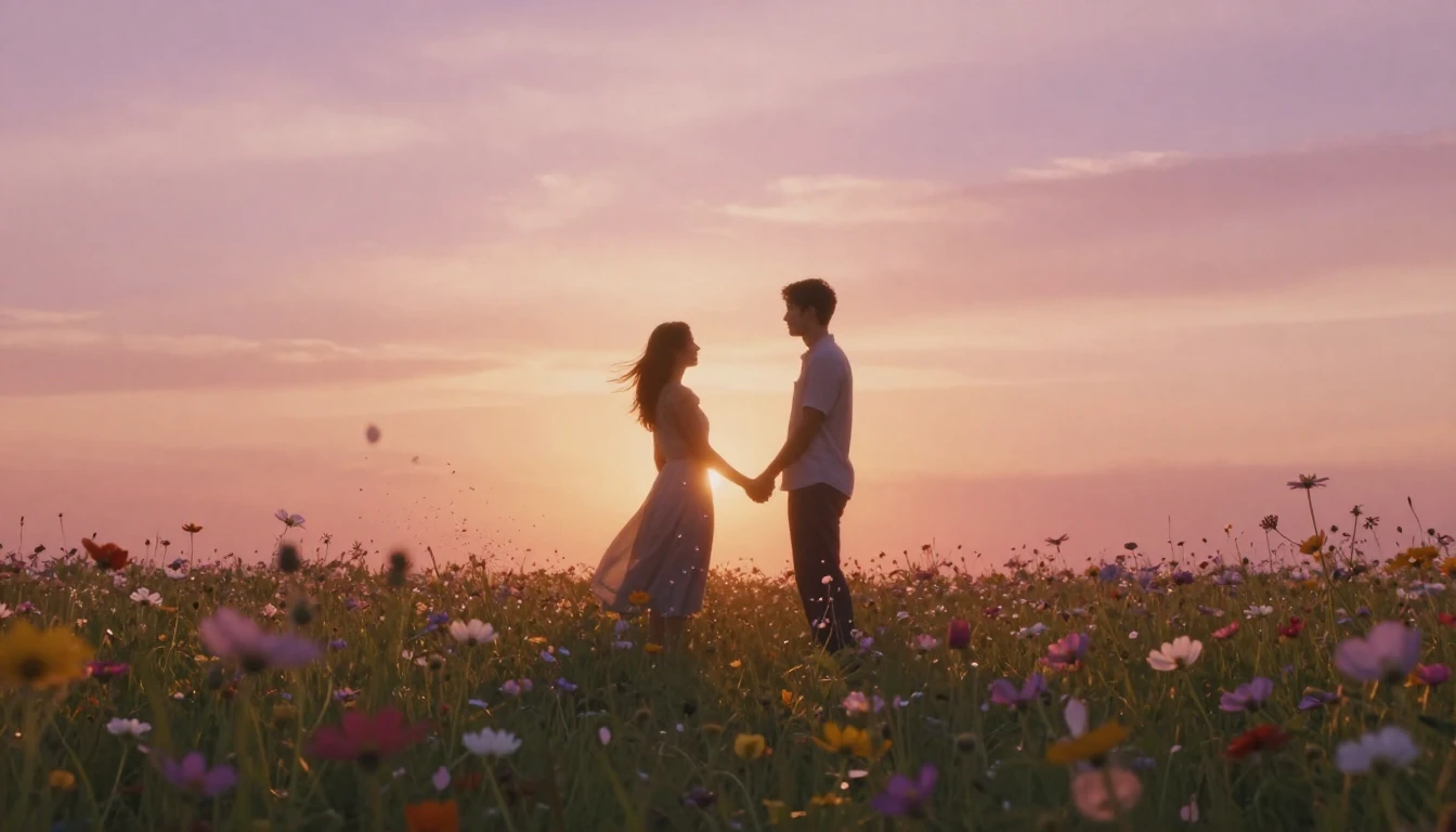 An ethereal and romantic scene of two silhouettes standing h...