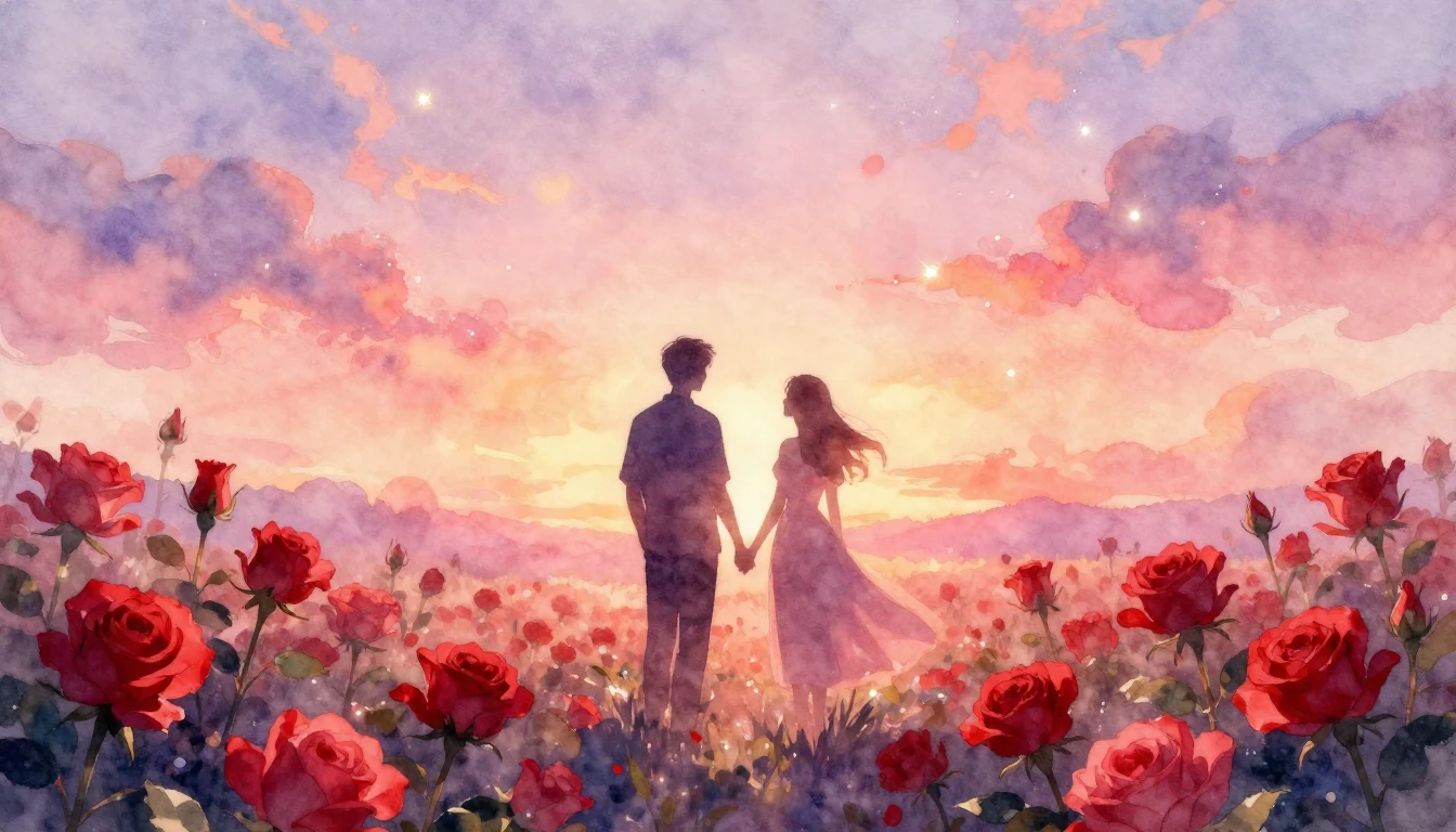 A soft and dreamy watercolor painting depicting a silhouette...