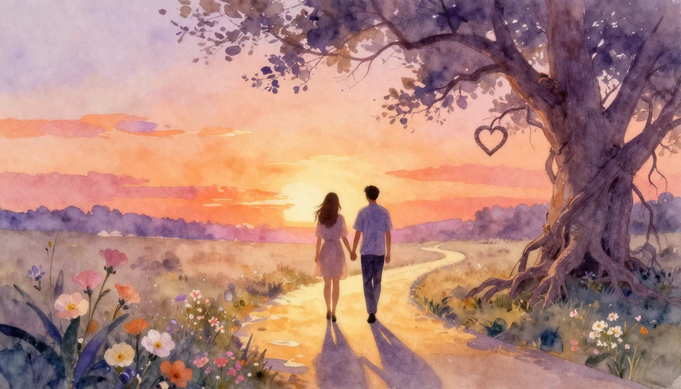 A soft and dreamy watercolor painting depicting two silhouet...