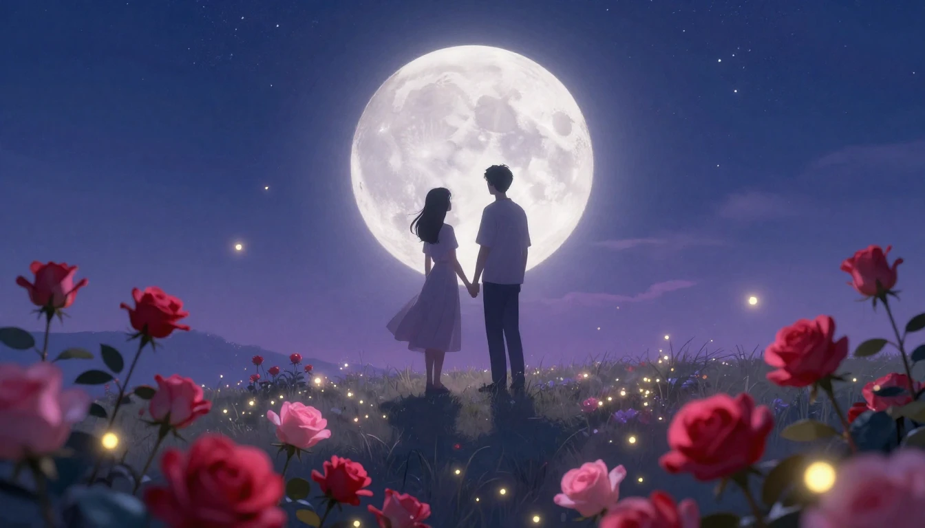 A dreamy and romantic scene featuring the silhouettes of a c...