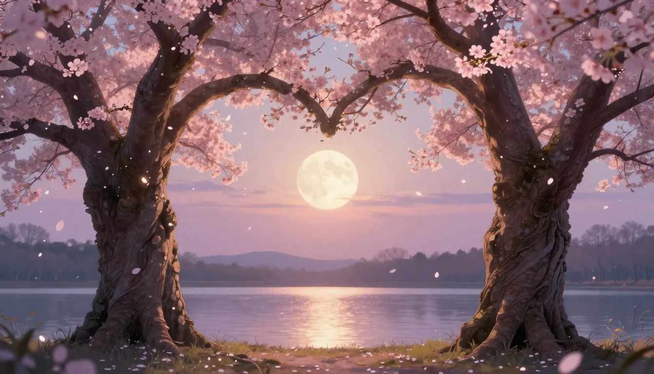 A dreamy and romantic composition featuring two large, ancie...