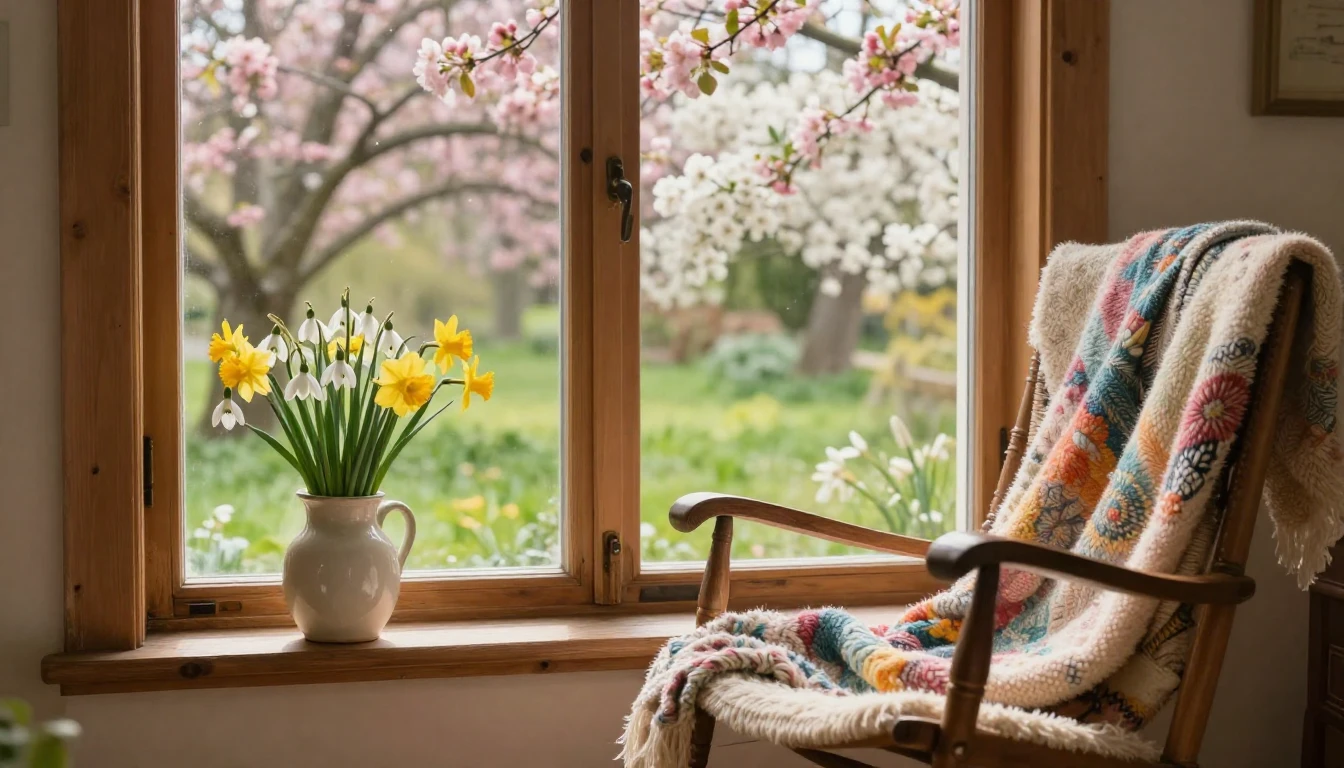 A cozy, sunlit interior scene viewed through a rustic wooden...