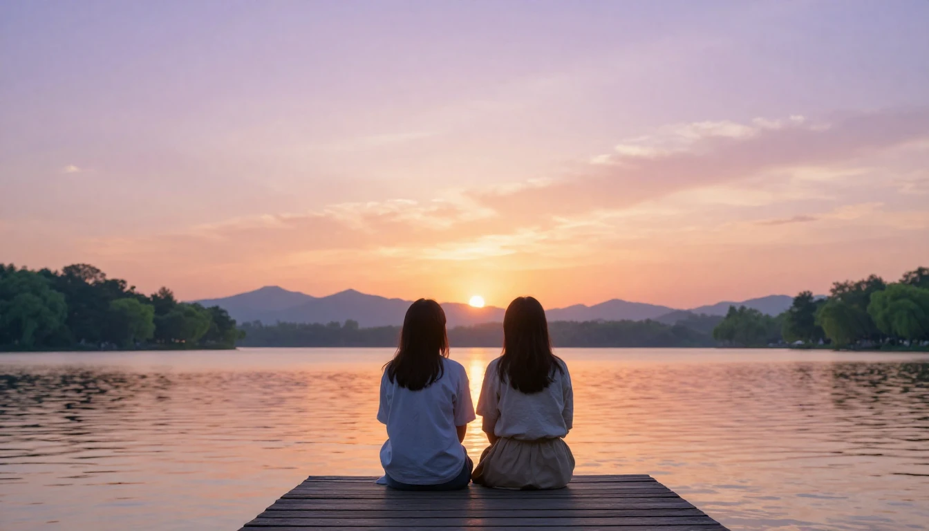 A warm and heartwarming scene of two best friends sitting on...