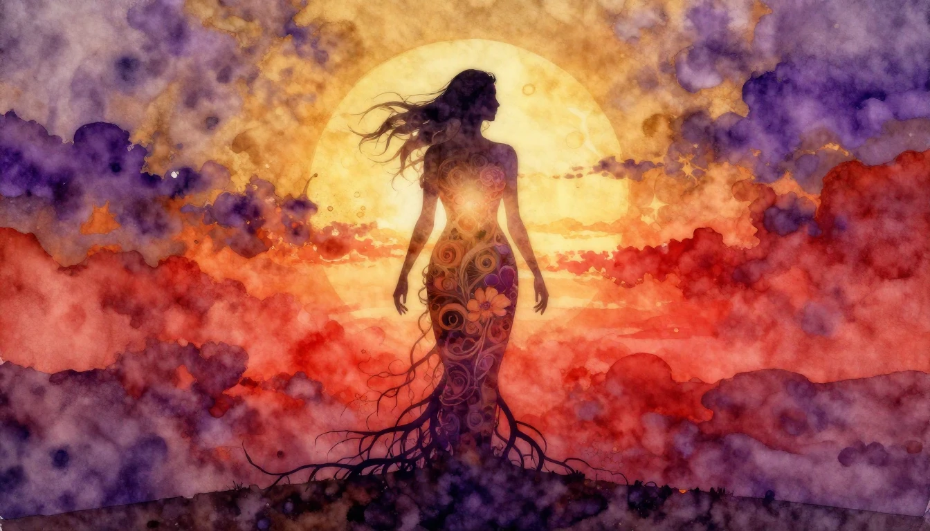 A conceptual watercolor painting depicting a majestic silhou...