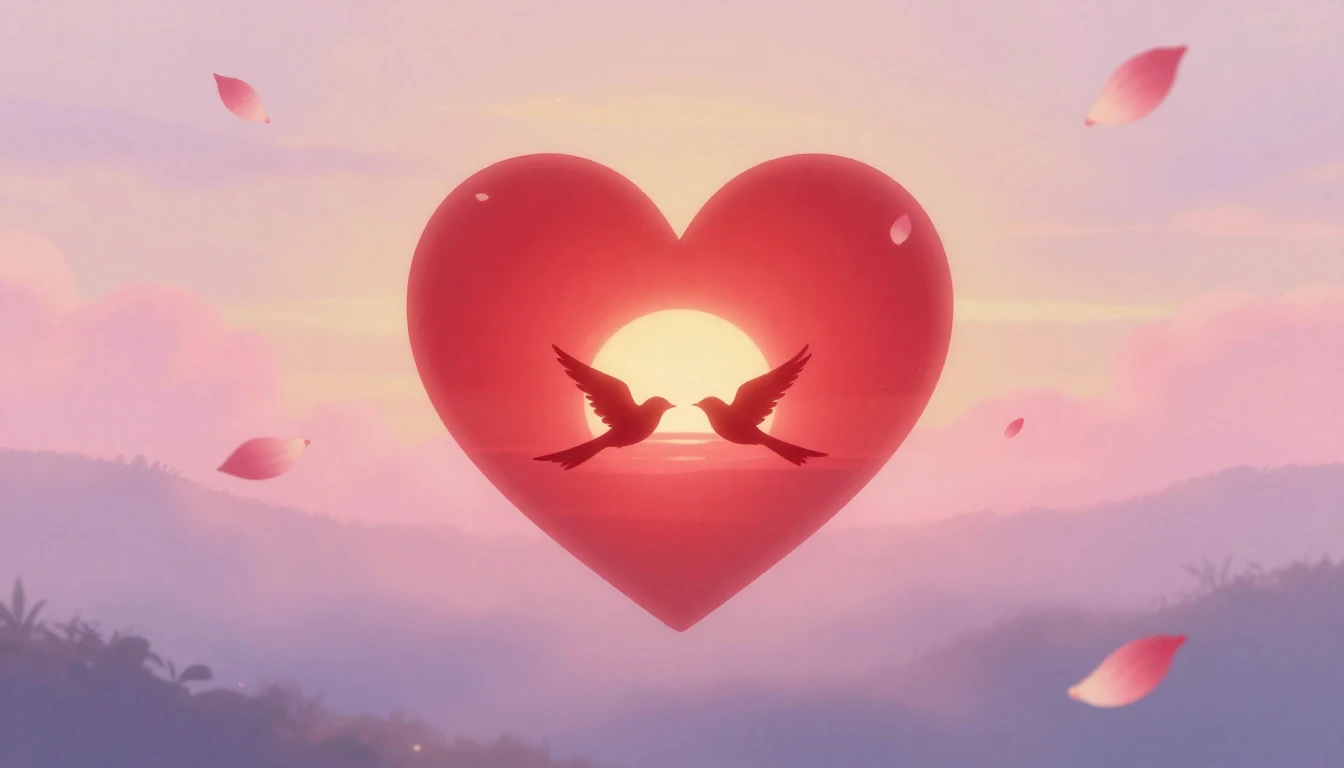 A romantic and dreamy illustration featuring a large, glowin...