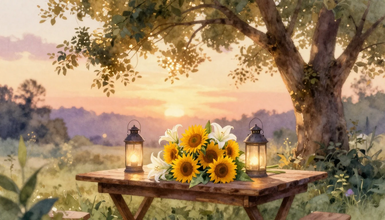 A serene and elegant garden scene at sunset, rendered in a s...