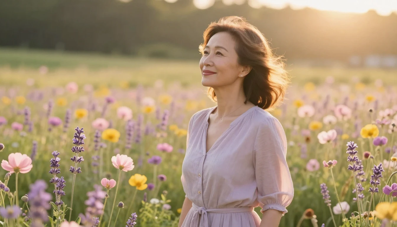 A beautiful, radiant woman in her 30s standing in a sun-dren...