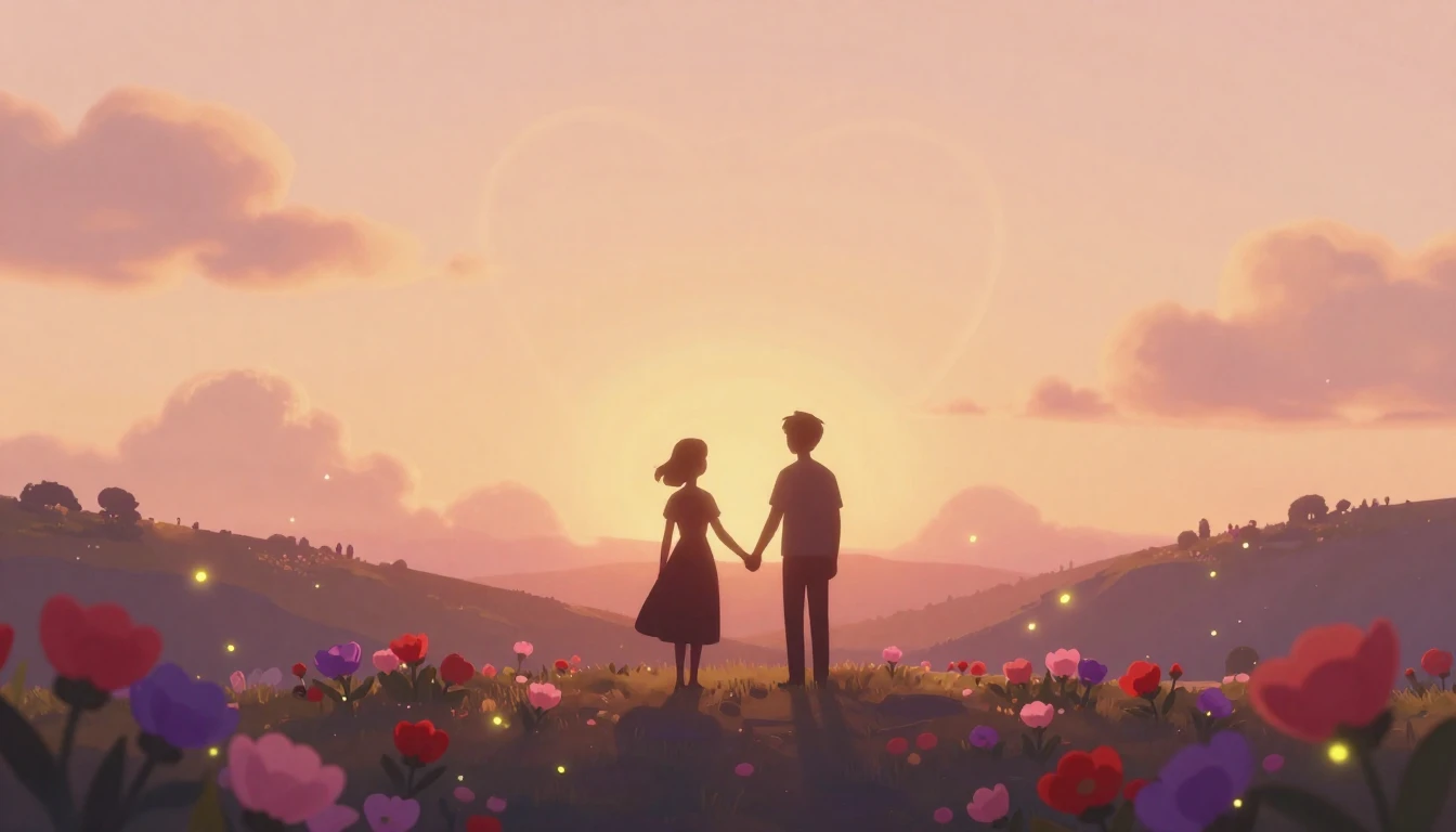 A soft and dreamy scene depicting two stylized silhouettes h...