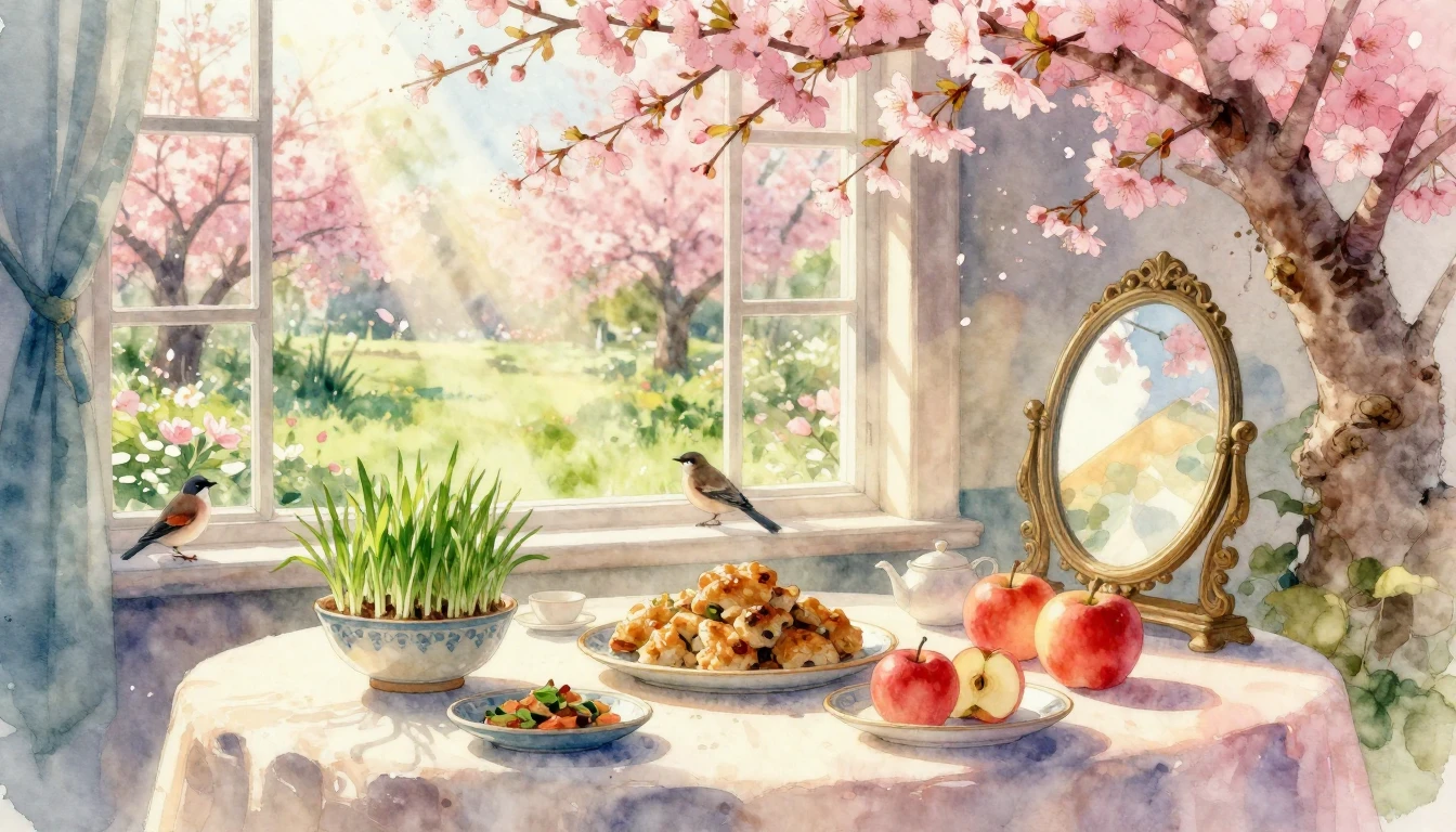 A beautiful and traditional Haft-Sin table set in a sunlit r...