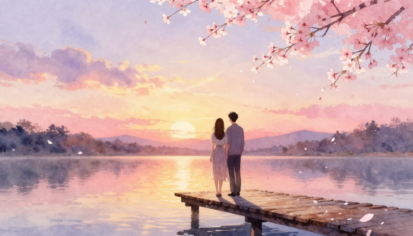A dreamlike watercolor painting of a romantic couple standin...