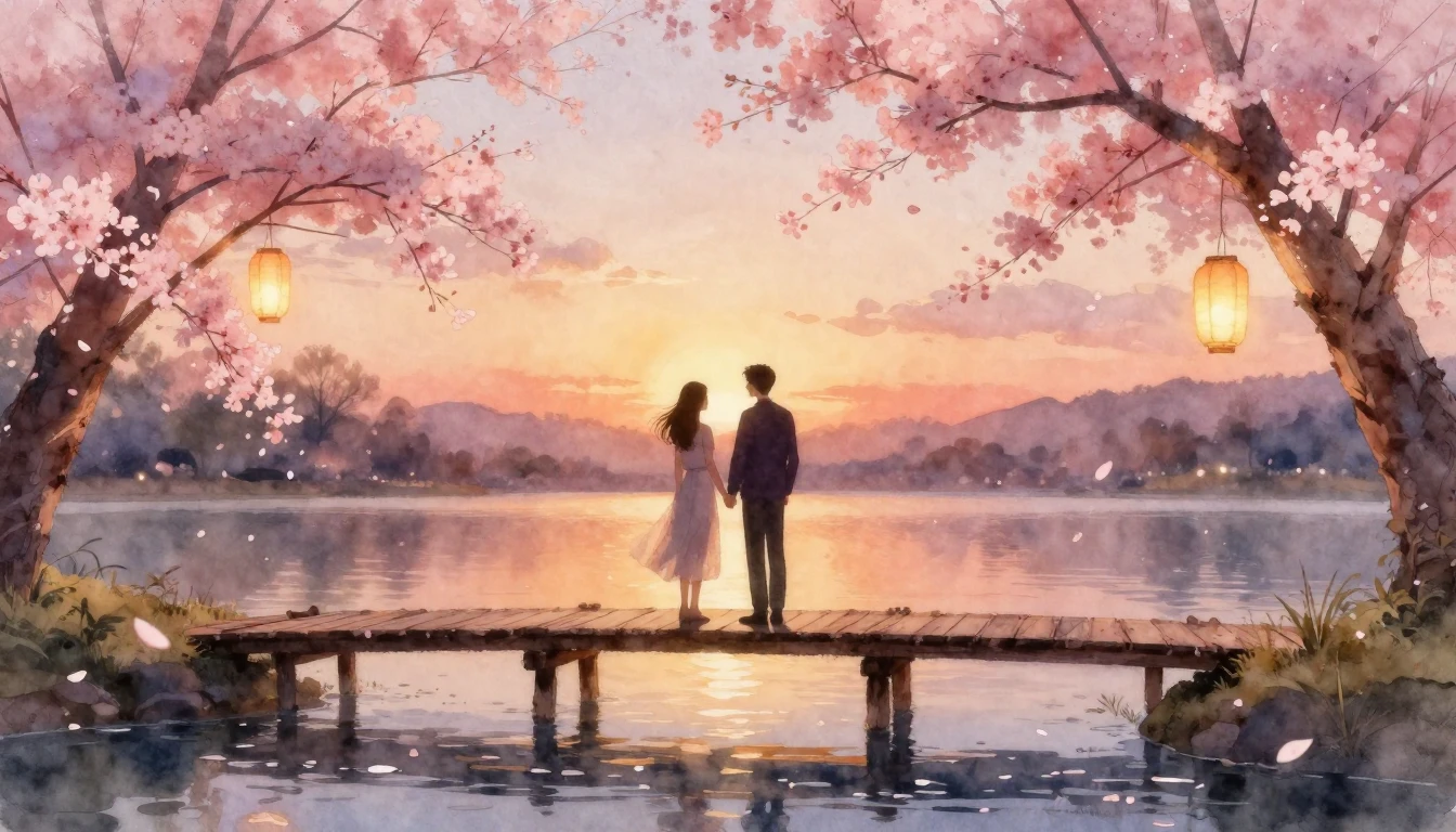 A romantic and dreamy watercolor painting of two silhouettes...