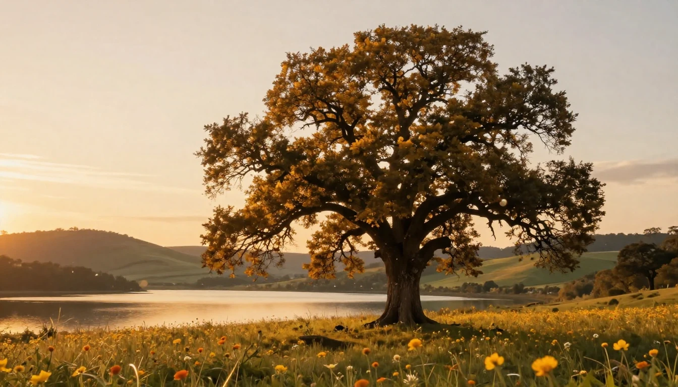 A beautiful, serene landscape at golden hour, featuring a ma...