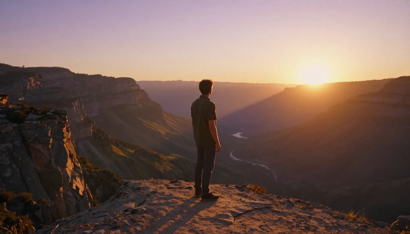 A wide-angle cinematic shot of a young man standing on a sce...