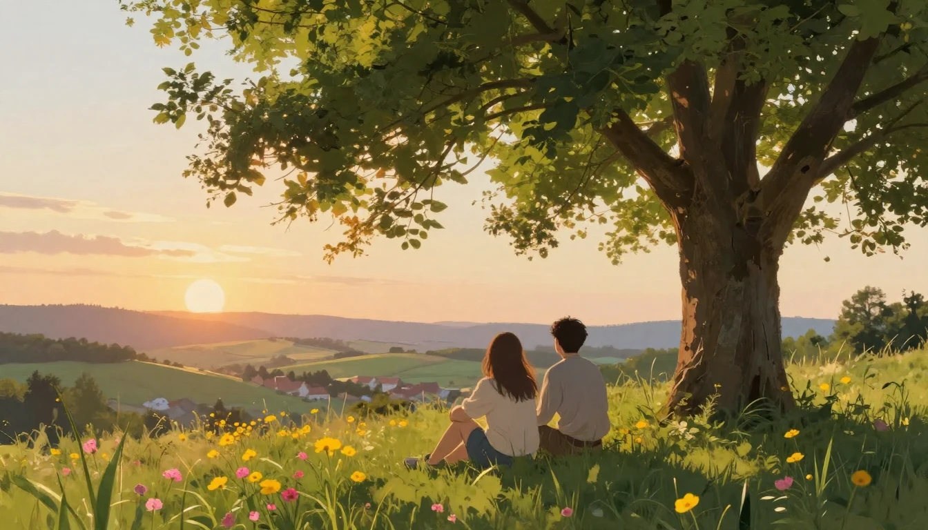 Two best friends sitting side by side on a grassy hill under...