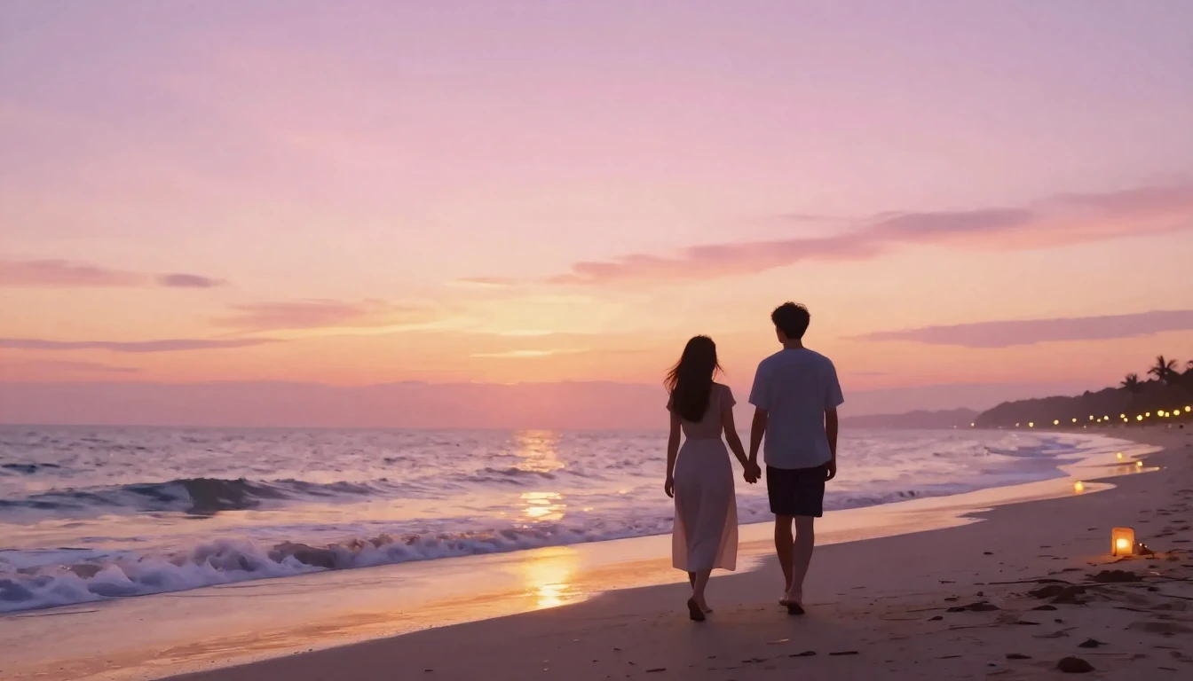 A romantic and dreamy scene of two silhouettes walking hand-...