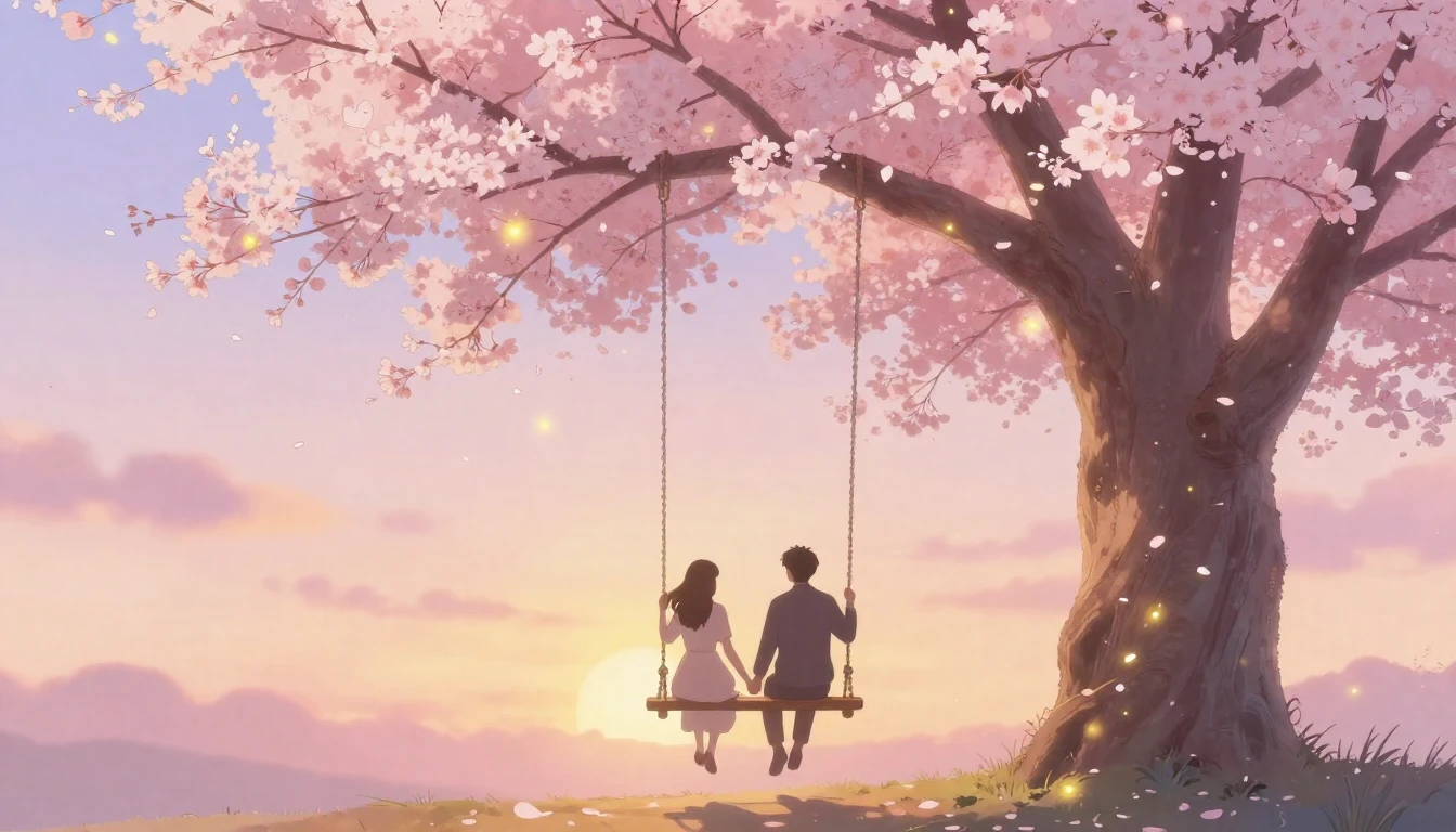 A dreamy and soft romantic scene featuring two silhouettes o...