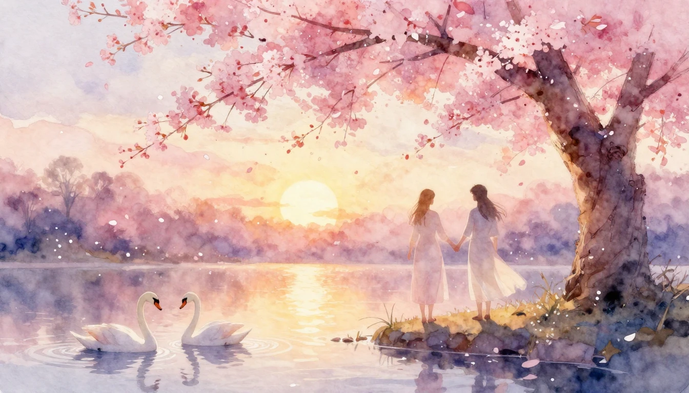 A soft and romantic watercolor painting of two ethereal silh...