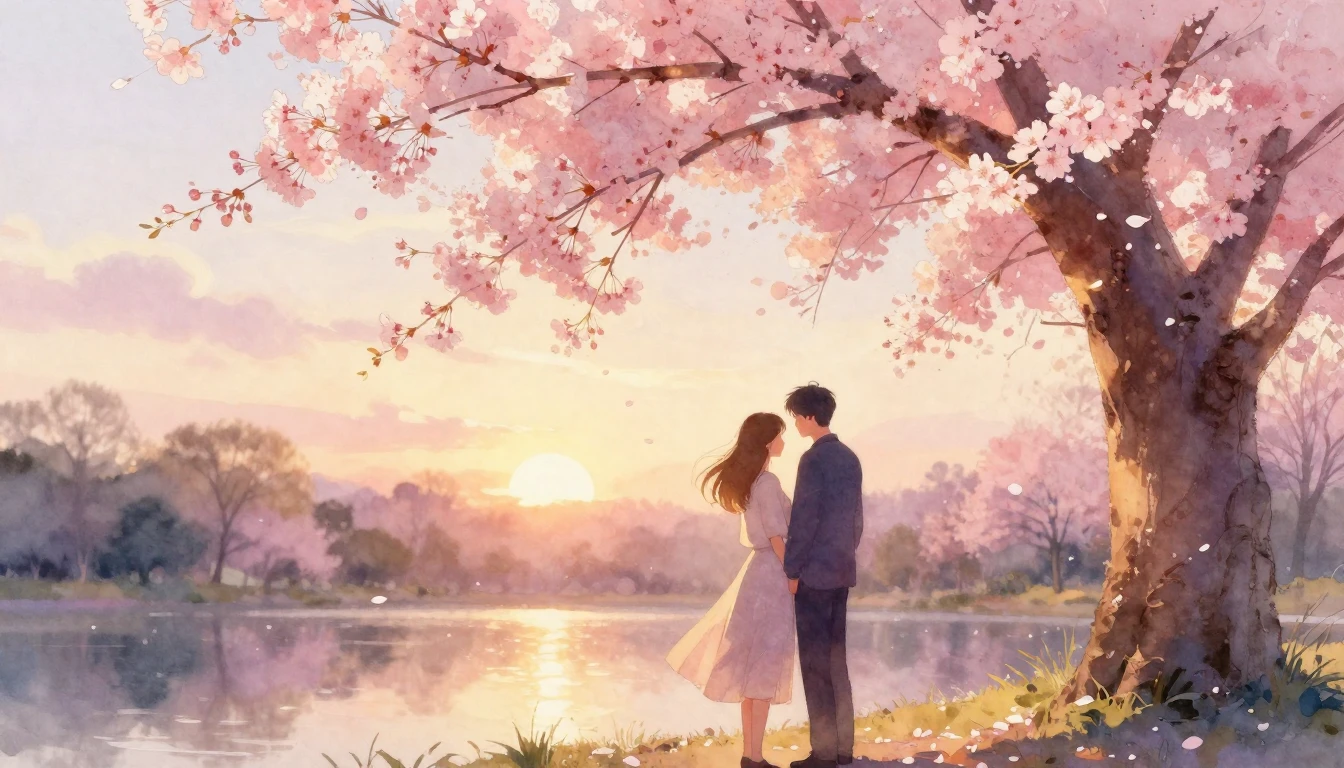 A romantic and dreamlike watercolor painting of two silhouet...