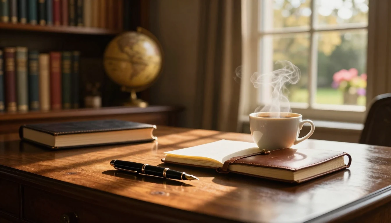 A sophisticated and cozy study filled with warm golden sunli...