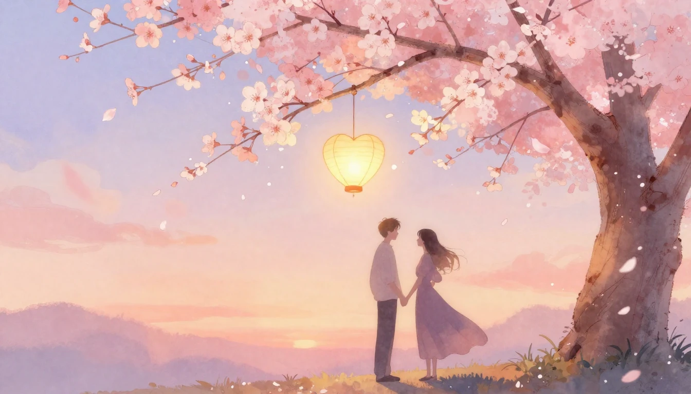 A romantic and dreamy scene featuring two stylized silhouett...