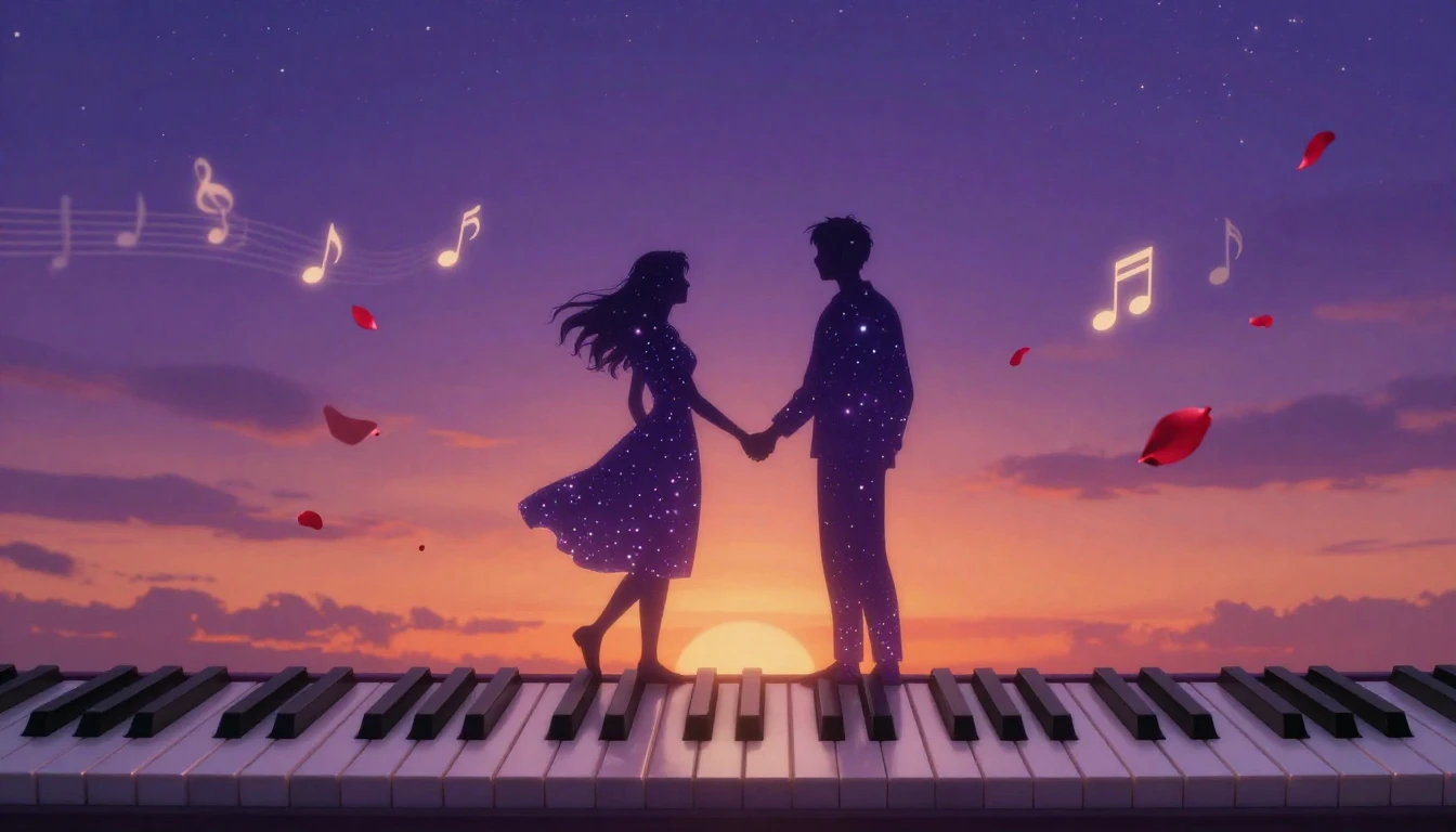 A romantic and surreal scene depicting two glowing silhouett...