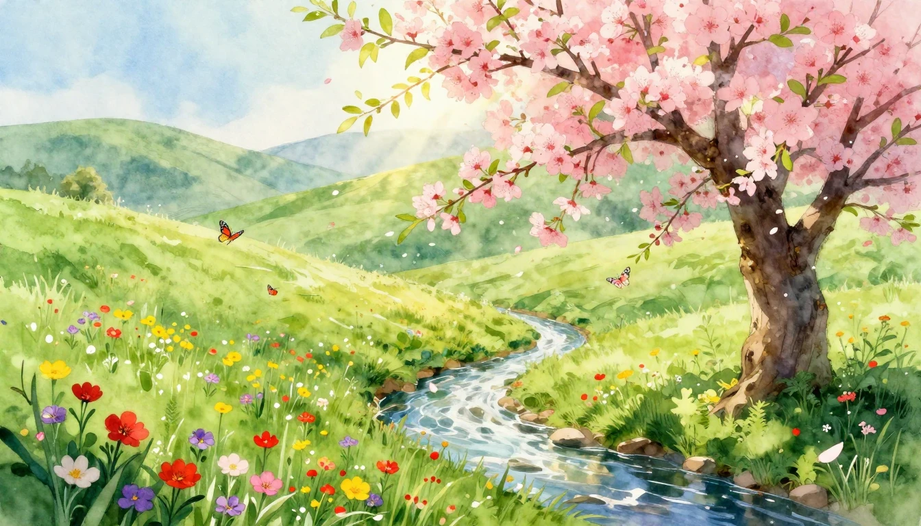 A breathtaking spring landscape scene painted in soft, airy ...