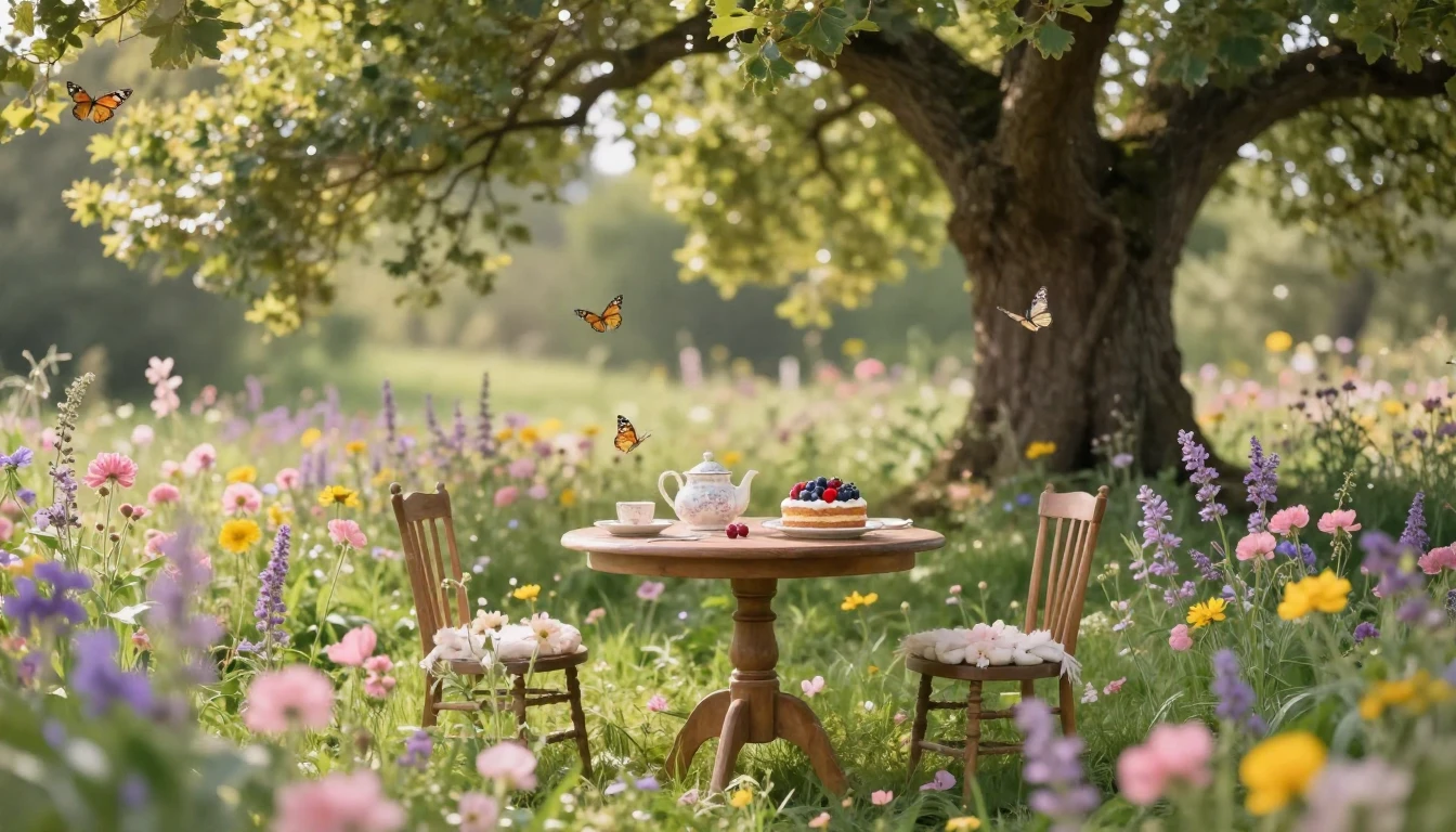 A dreamy and enchanting scene featuring a lush, sun-drenched...