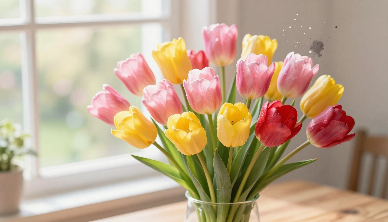 A stunning and vibrant bouquet of fresh spring tulips in sha...