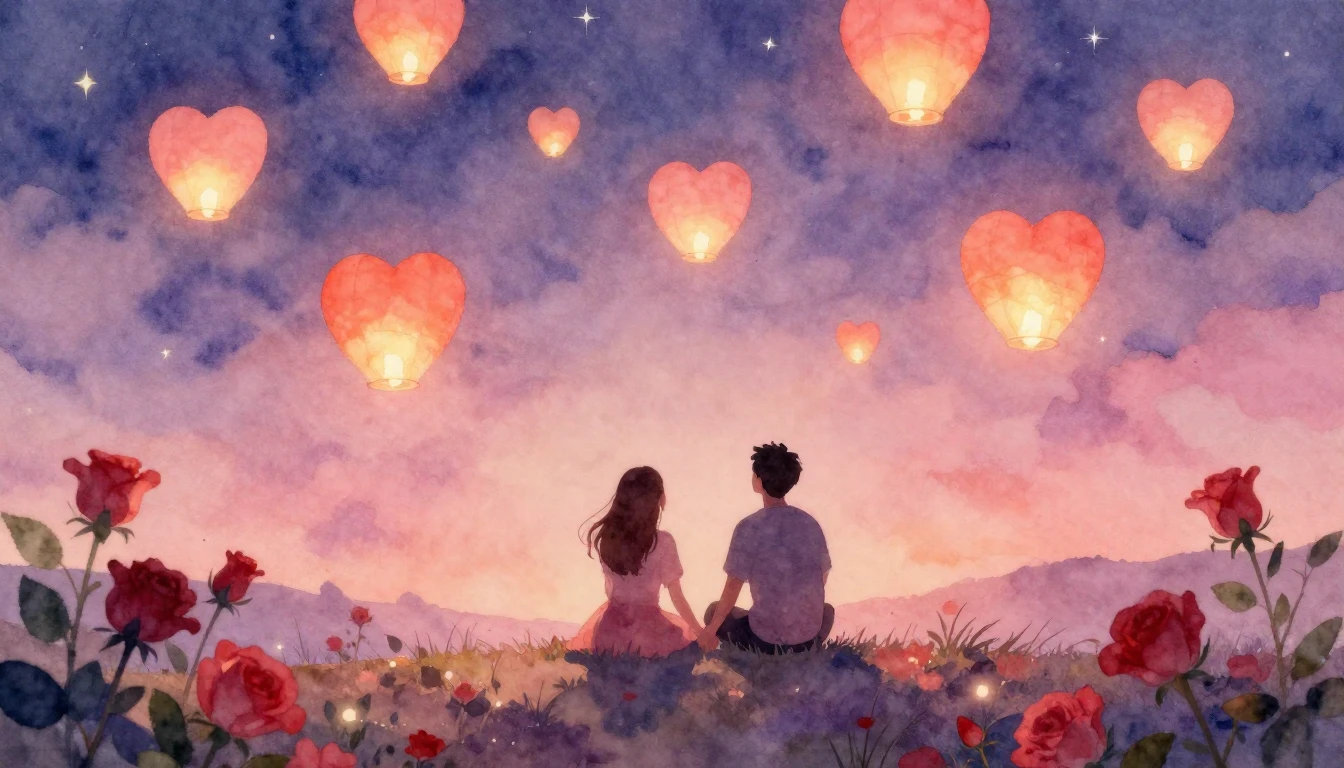 A soft and dreamy watercolor painting depicting a romantic e...