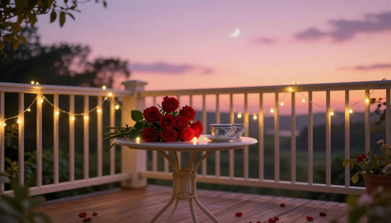 An ethereal and romantic scene featuring a cozy balcony over...
