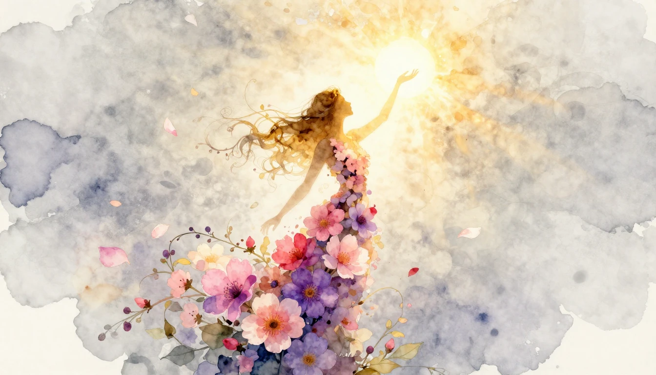 A beautiful and ethereal watercolor painting depicting a sty...