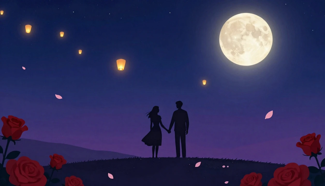 A romantic and dreamy illustration featuring a silhouette of...
