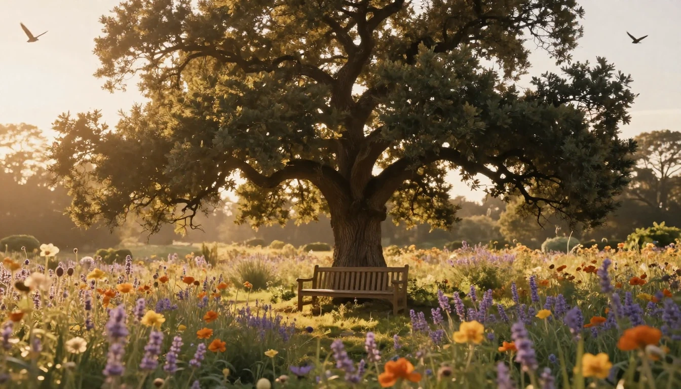 A serene and heartwarming scene in a sun-drenched garden dur...
