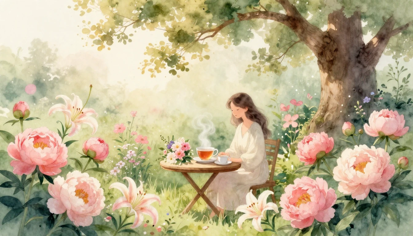 A beautiful watercolor illustration of a lush garden filled ...