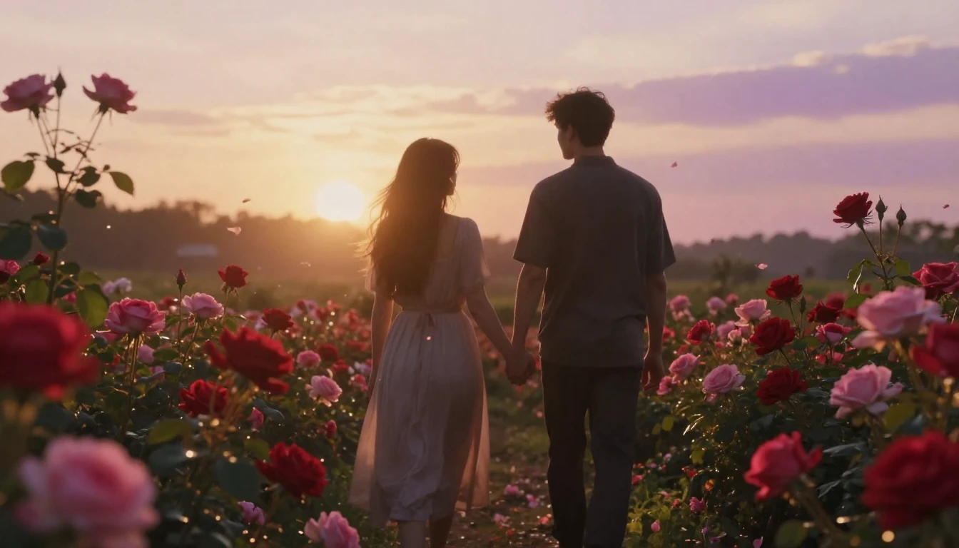 A romantic and ethereal scene featuring two silhouettes walk...