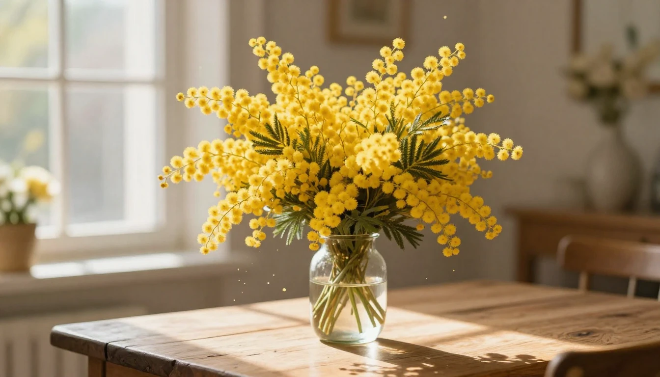 A beautiful and vibrant bouquet of bright yellow mimosa flow...