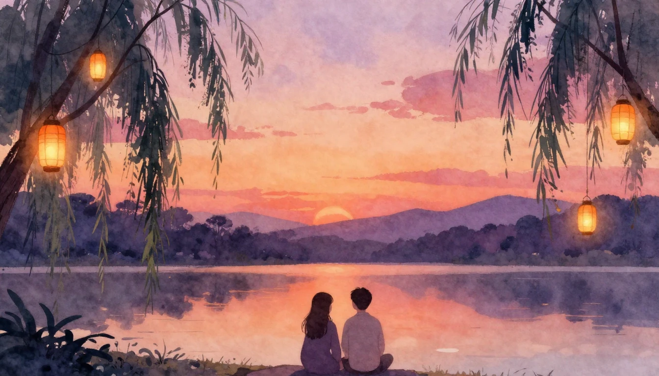 A soft, dreamy watercolor illustration of a romantic scene d...
