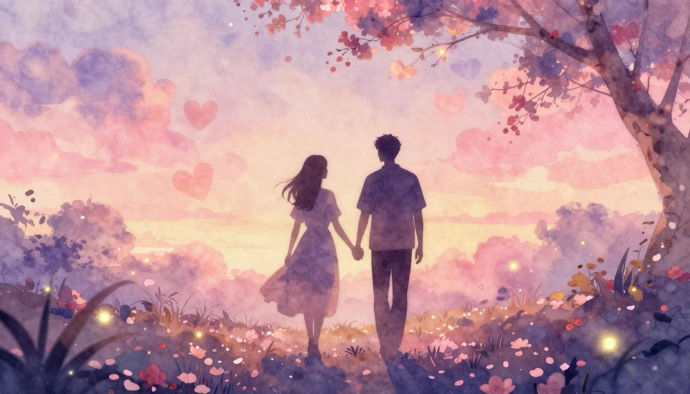 A soft and dreamy watercolor painting depicting two silhouet...