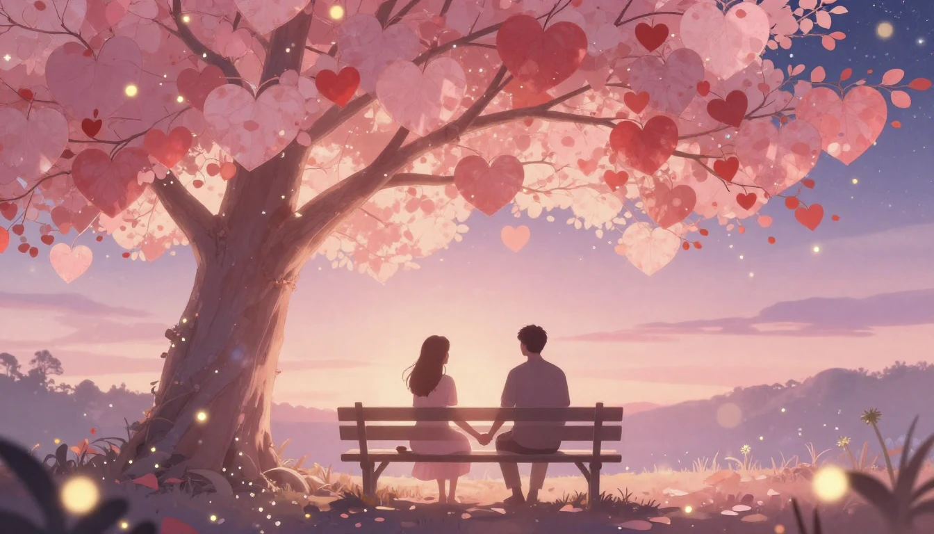 A romantic and soft composition depicting two silhouettes ho...