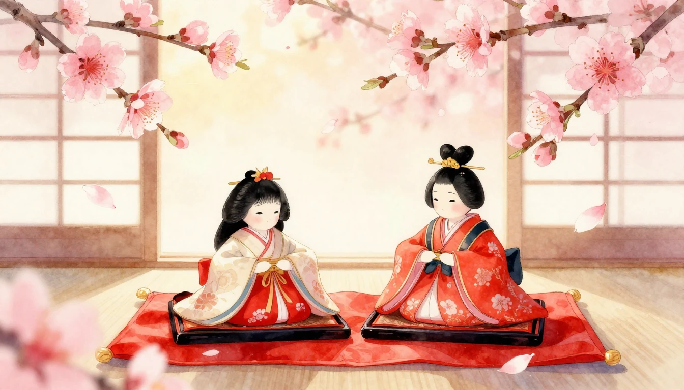 A beautiful and serene Hinamatsuri scene in a soft watercolo...